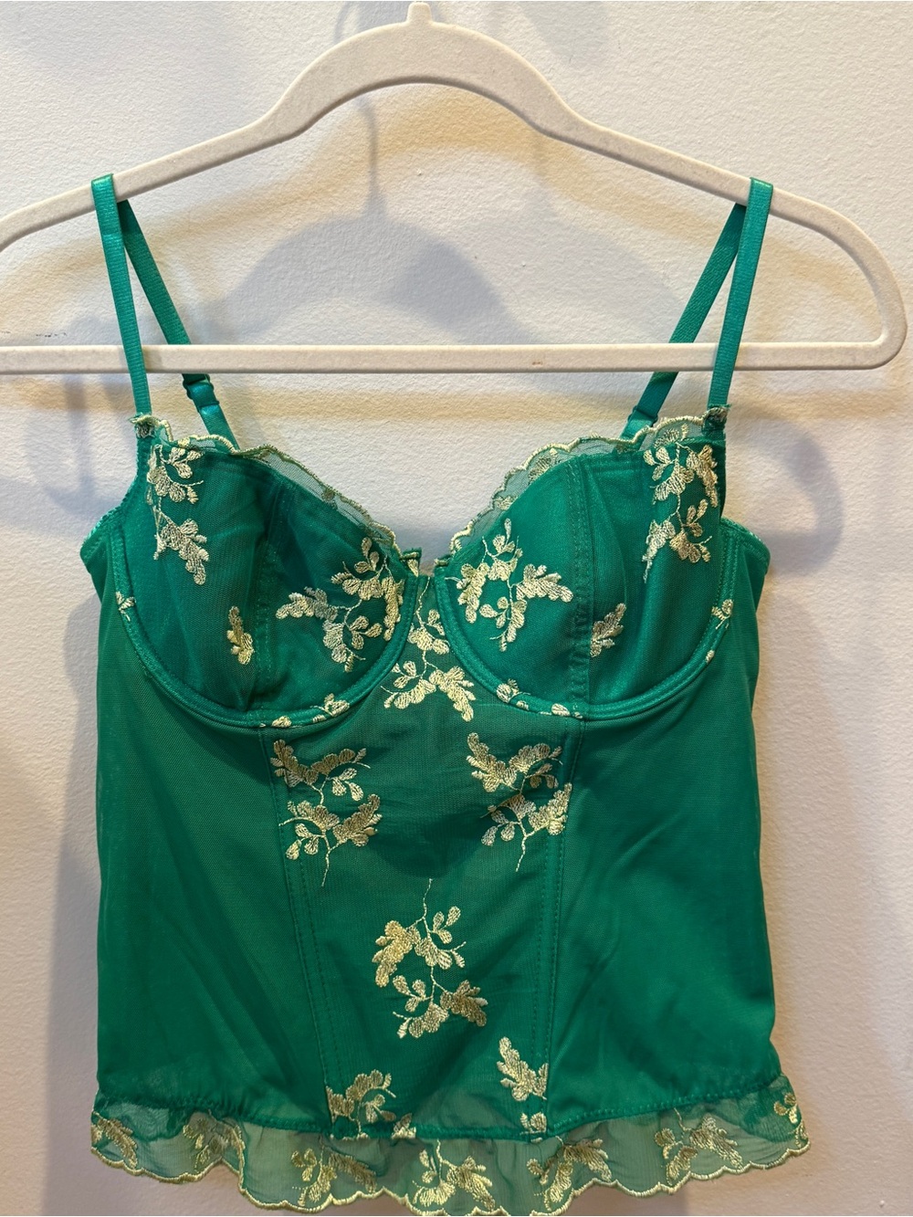 Vintage green lace corset top with gold floral embroidery